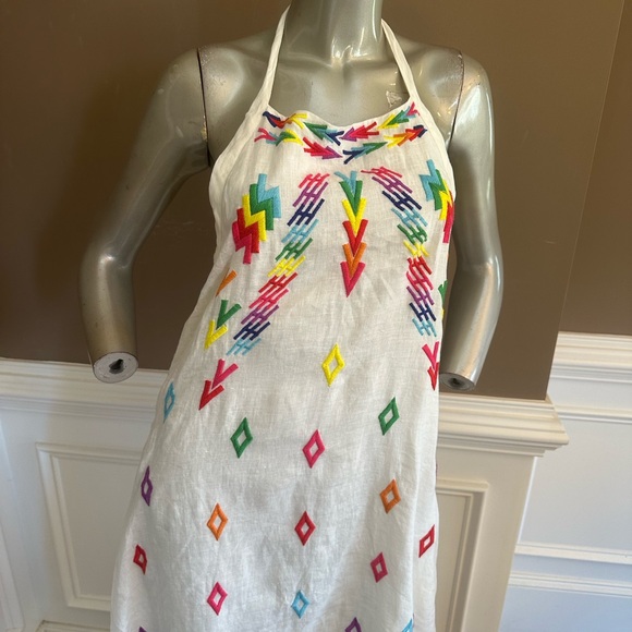 NWT ALL THINGS MOCHI Linen Halter Embroidered White Midi Dress Sz Large - Picture 2 of 6
